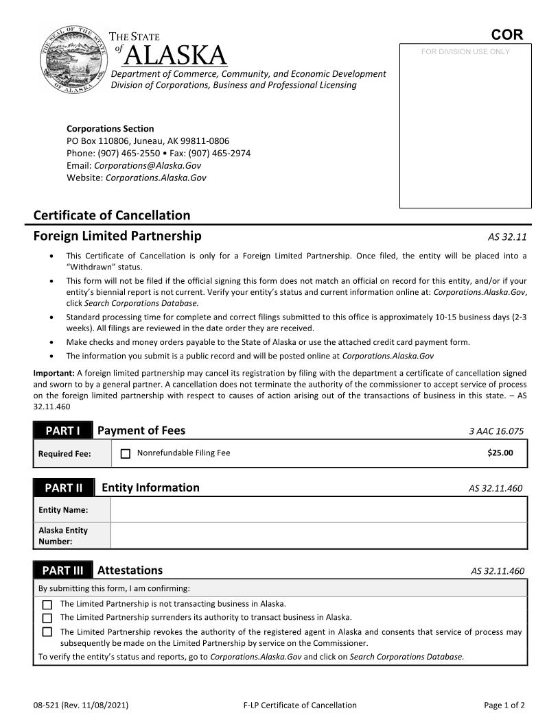 Certificate Of Cancellation Foreign Limited Partnership {08-521} | Pdf Fpdf Docx | Alaska
