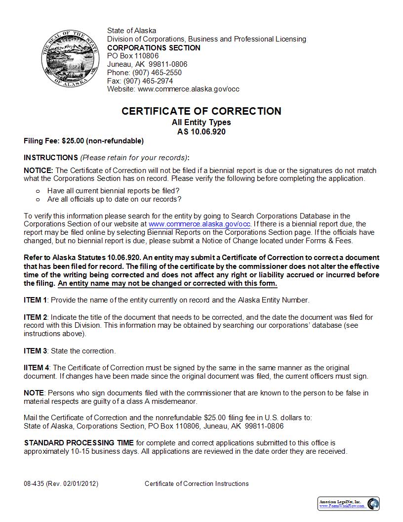 Certificate Of Correction (All Entity Types) {08-435} | Pdf Fpdf Docx | Alaska