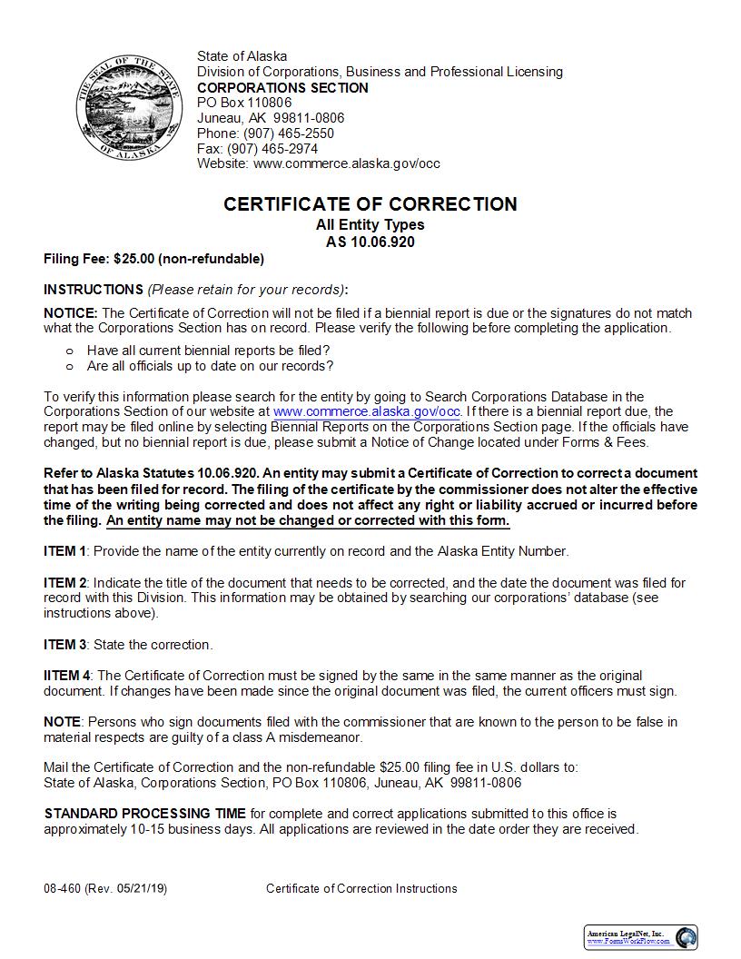 Certificate Of Correction (All Entity Types) {08-460} | Pdf Fpdf Docx | Alaska
