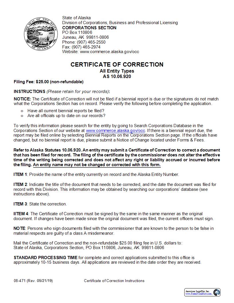 Certificate Of Correction (All Entity Types) {08-471} | Pdf Fpdf Docx | Alaska