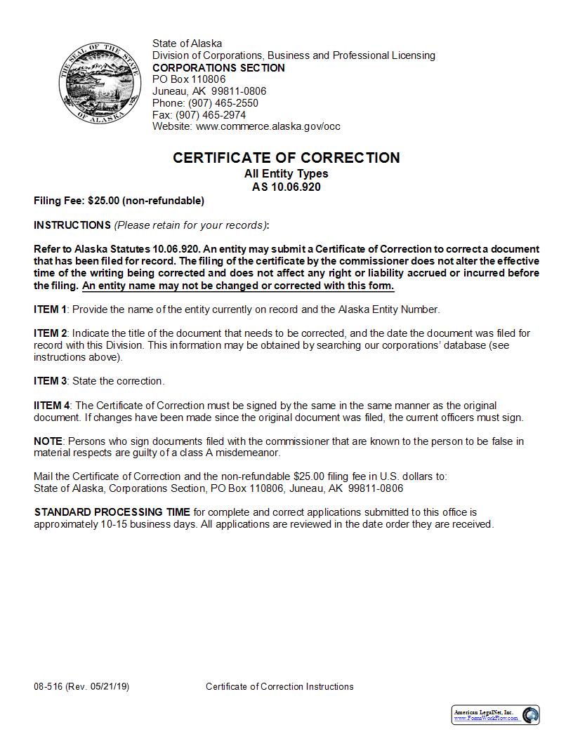Certificate Of Correction (All Entity Types) {08-516} | Pdf Fpdf Docx | Alaska
