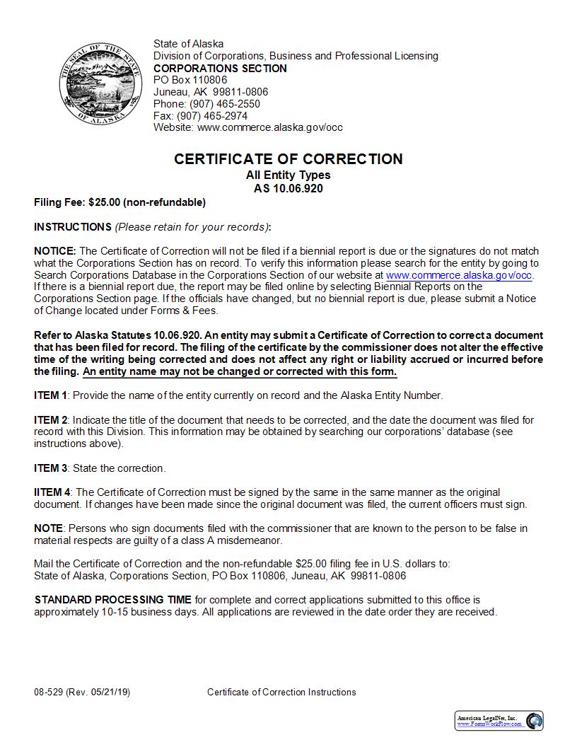 Certificate Of Correction (All Entity Types) {08-529} | Pdf Fpdf Docx | Alaska