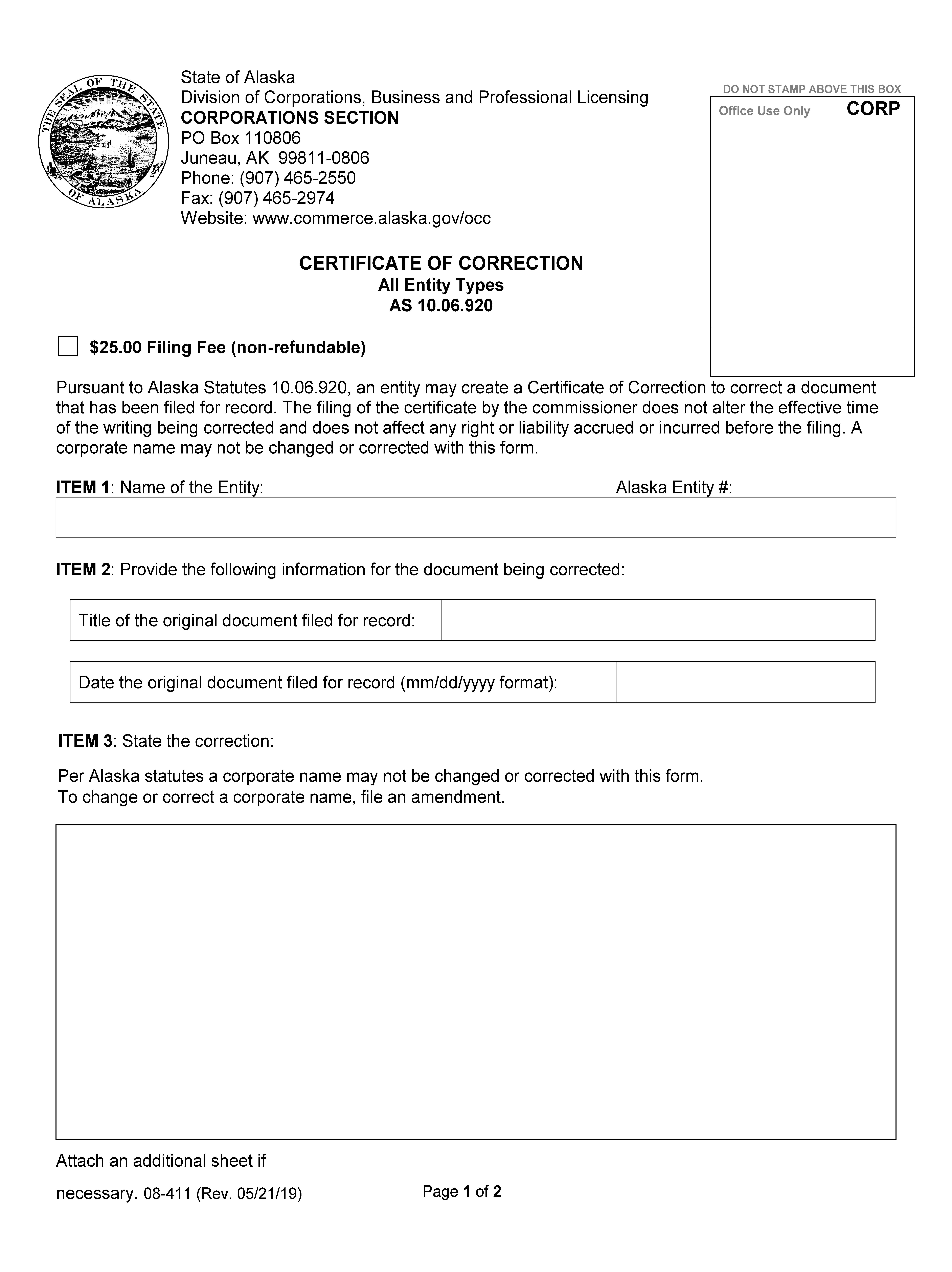 Certificate Of Correction All Entity Types {08-411} | Pdf Fpdf Doc Docx | Alaska