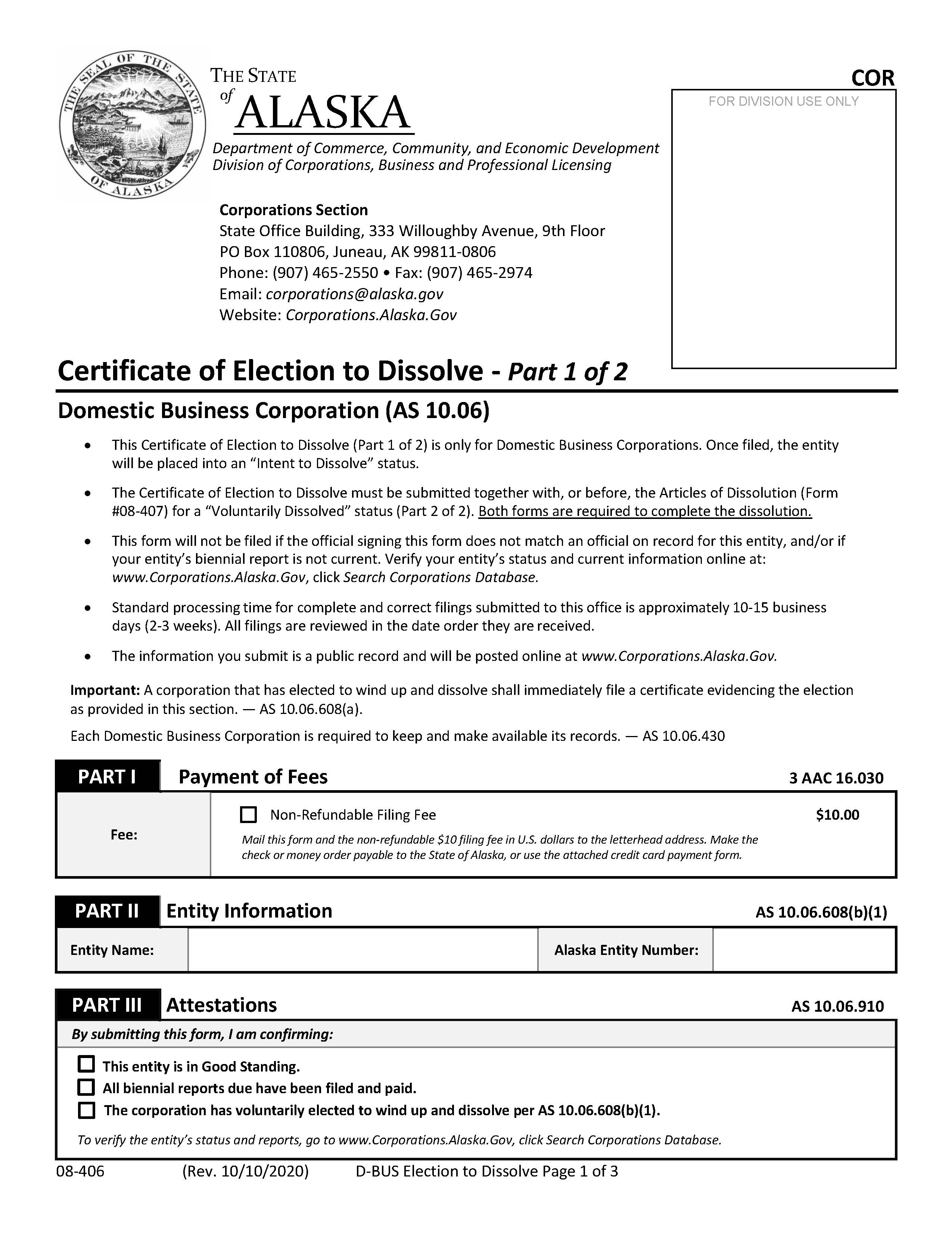 Certificate Of Election To Dissolve Domestic Business Corporation {08-406} | Pdf Fpdf Docx | Alaska