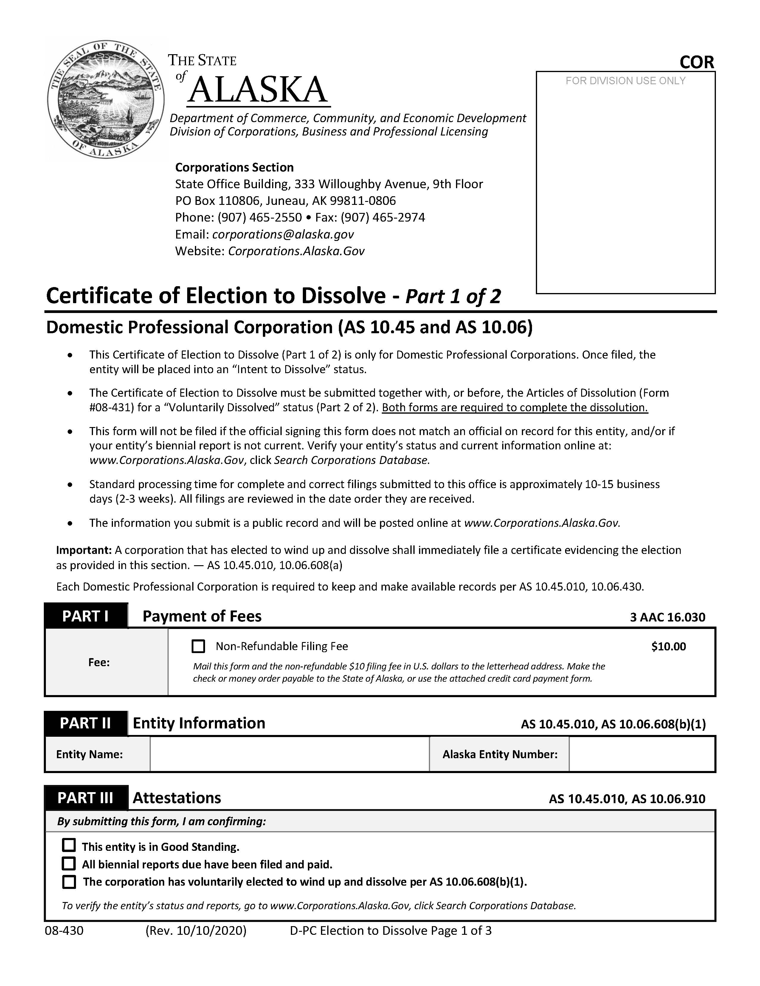 Certificate Of Election To Dissolve Domestic Professional Corporation {08-430} | Pdf Fpdf Docx | Alaska