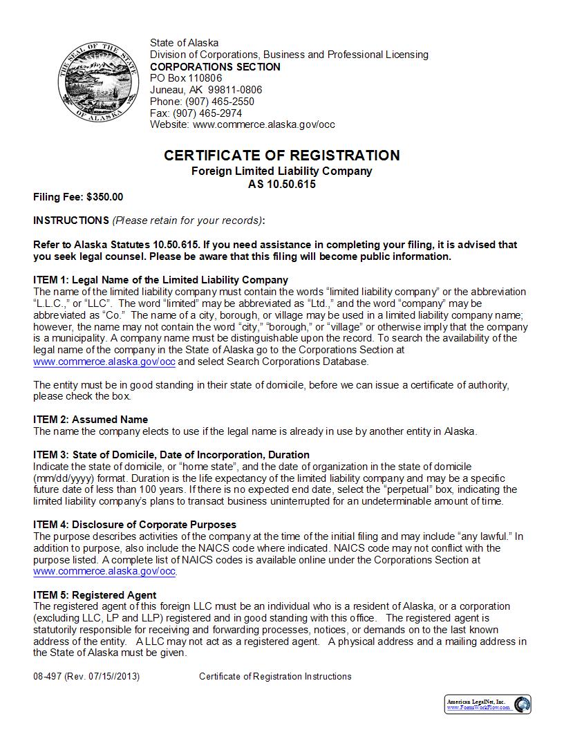 Certificate Of Registration (Foreign Limited Liability Company) {08-497} | Pdf Fpdf Docx | Alaska