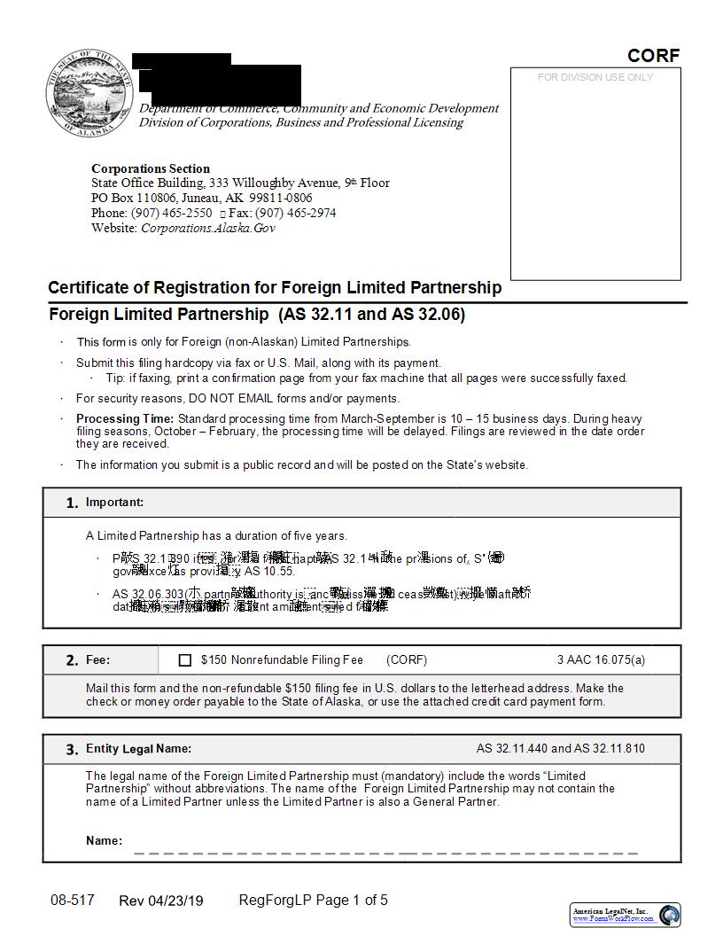 Certificate Of Registration For Foreign Limited Partnership {08-517} | Pdf Fpdf Docx | Alaska