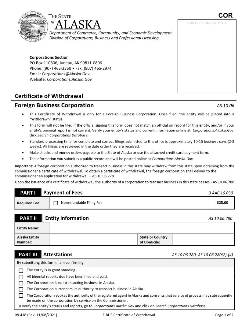 Certificate Of Withdrawal Foreign Business Corporation {08-418} | Pdf Fpdf Docx | Alaska