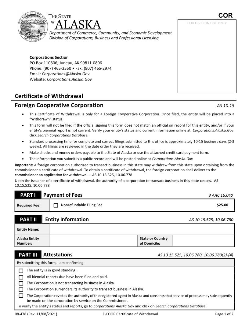 Certificate Of Withdrawal Foreign Cooperative Corporation {08-478} | Pdf Fpdf Docx | Alaska