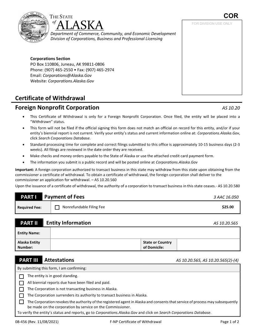 Certificate Of Withdrawal Foreign Nonprofit Corporation {08-456} | Pdf Fpdf Docx | Alaska