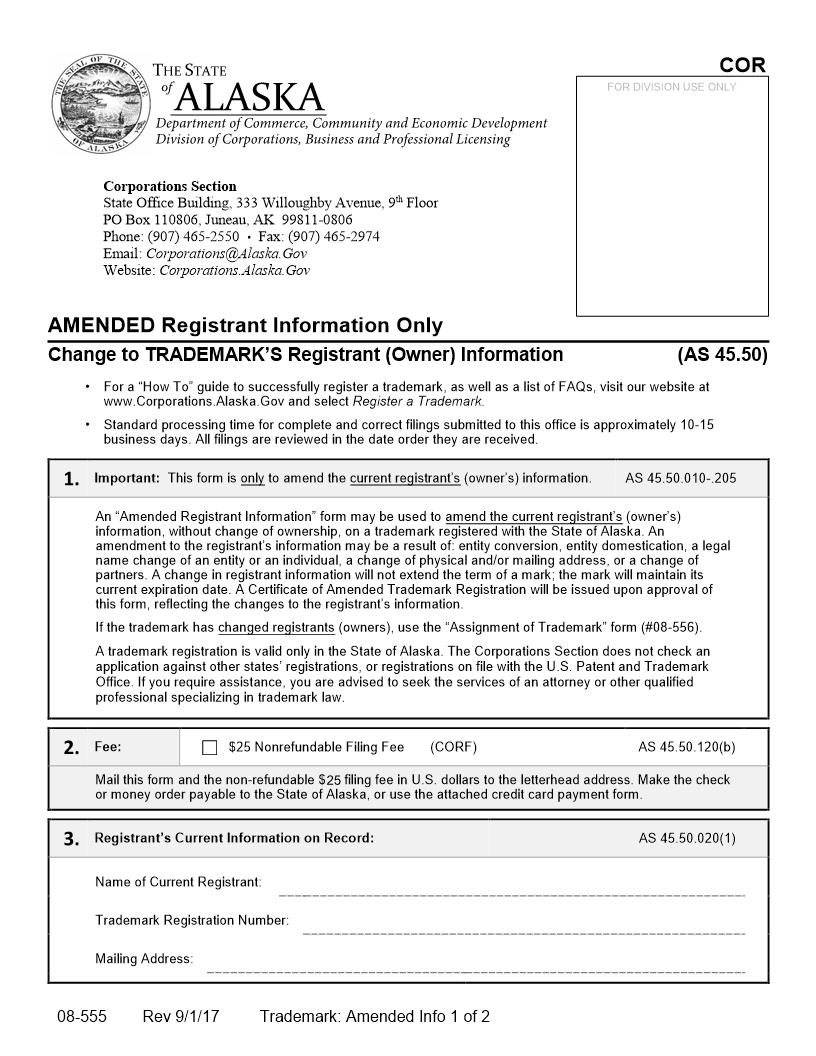 Change Of Registrant Information Of Trademark  {08-555} | Pdf Fpdf Doc Docx | Alaska
