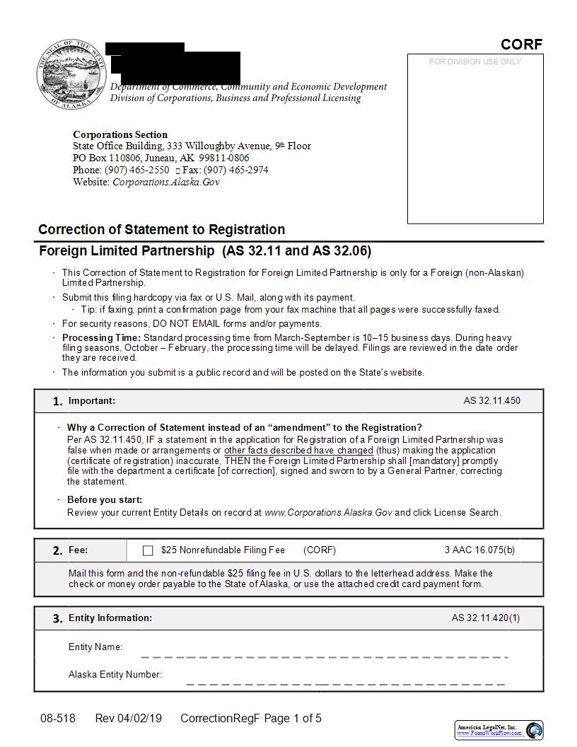 Correction Of Statement To Registration (Foreign Limited Partnership) {08-518} | Pdf Fpdf Docx | Alaska
