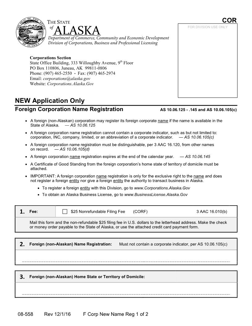 Foreign Corporation Name Registration {08-558} | Pdf Fpdf Docx | Alaska