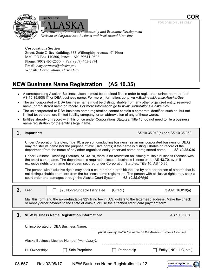 New Business Name Registration {08-557} | Pdf Fpdf Docx | Alaska