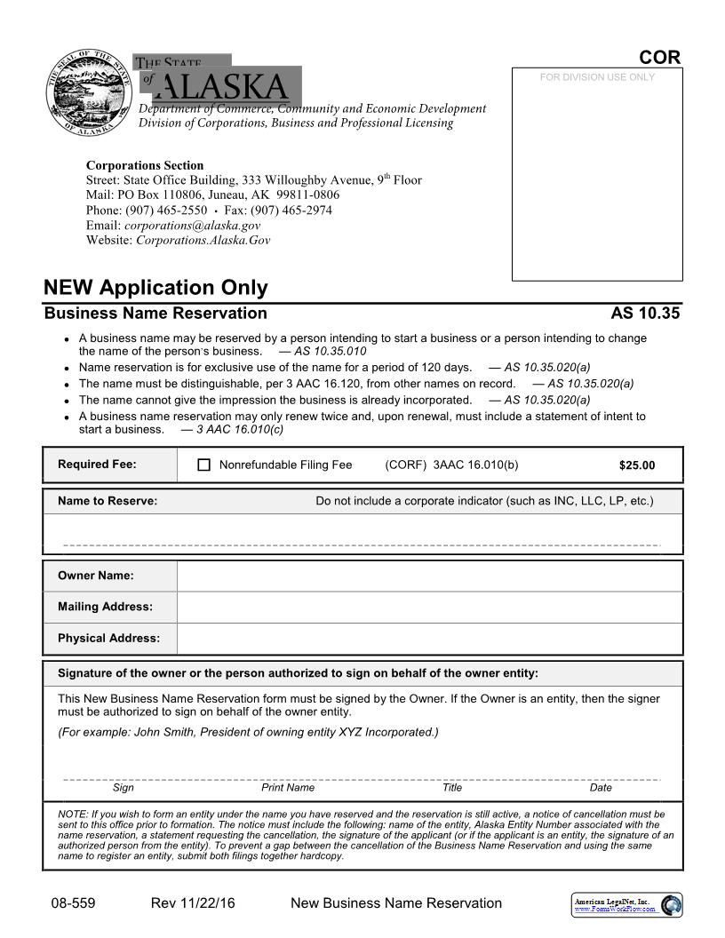 New Business Name Reservation {08-559} | Pdf Fpdf Docx | Alaska