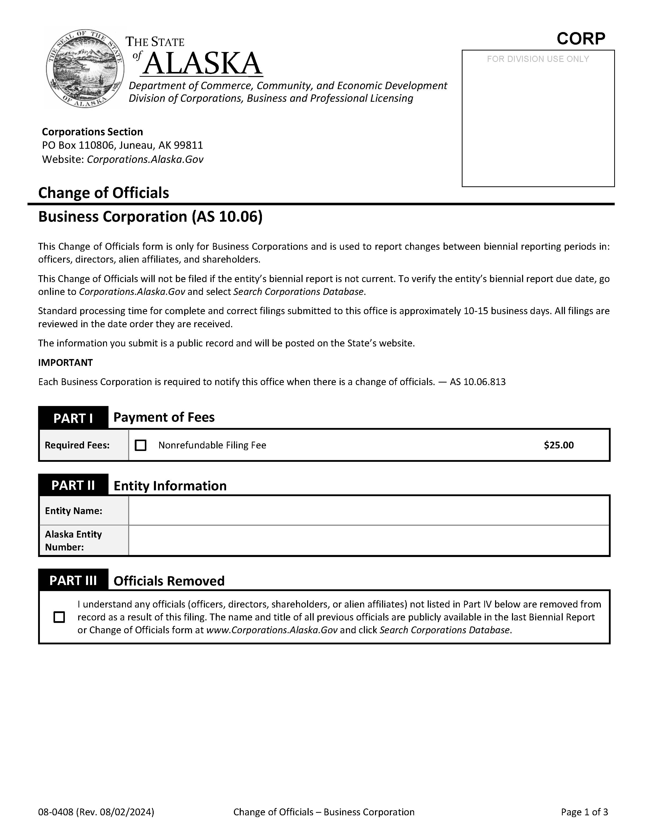 Notice Of Change Of Officials (Domestic Business Corporation) {08-408} | Pdf Fpdf Docx | Alaska