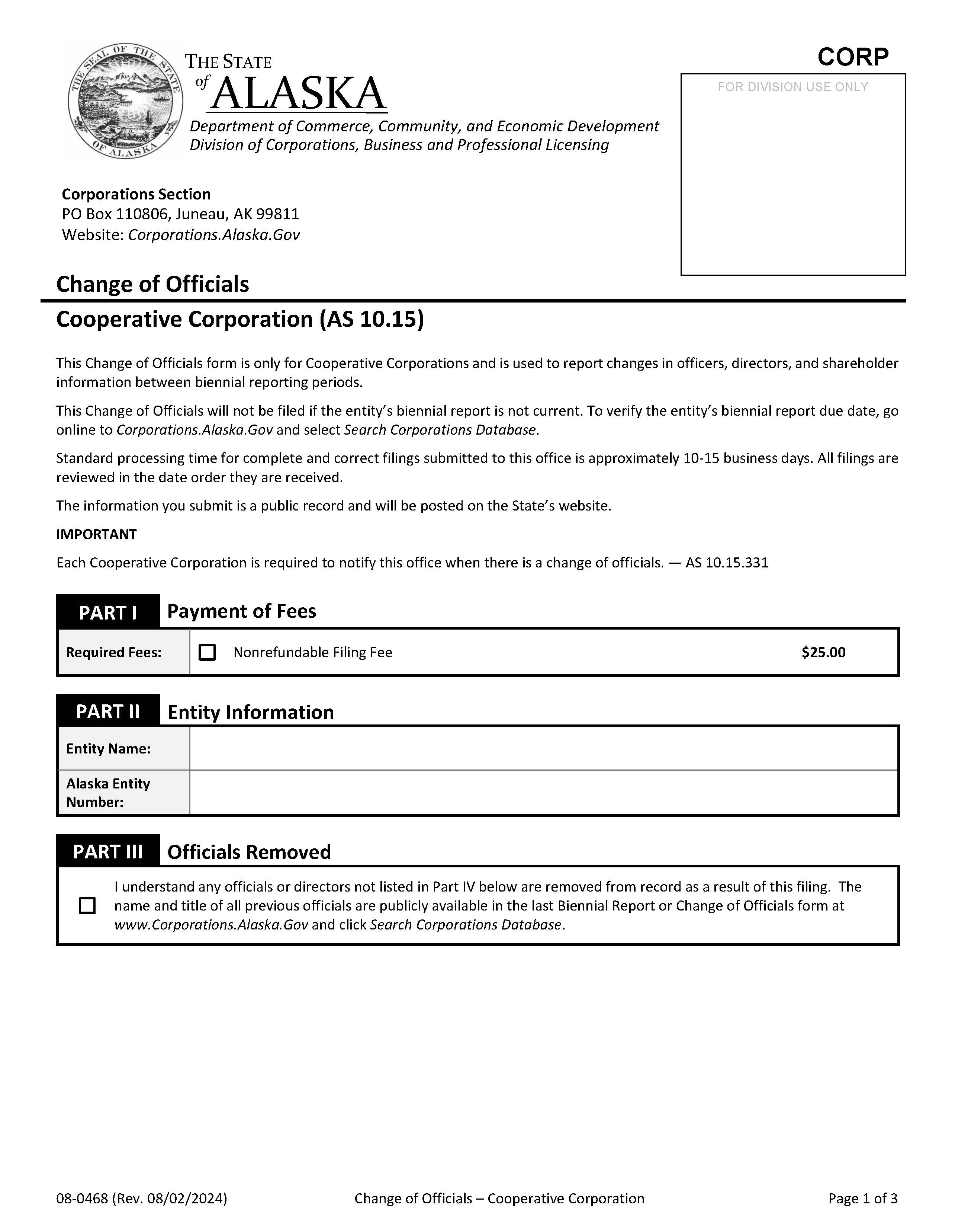 Notice Of Change Of Officials (Domestic Cooperative) {08-468} | Pdf Fpdf Docx | Alaska