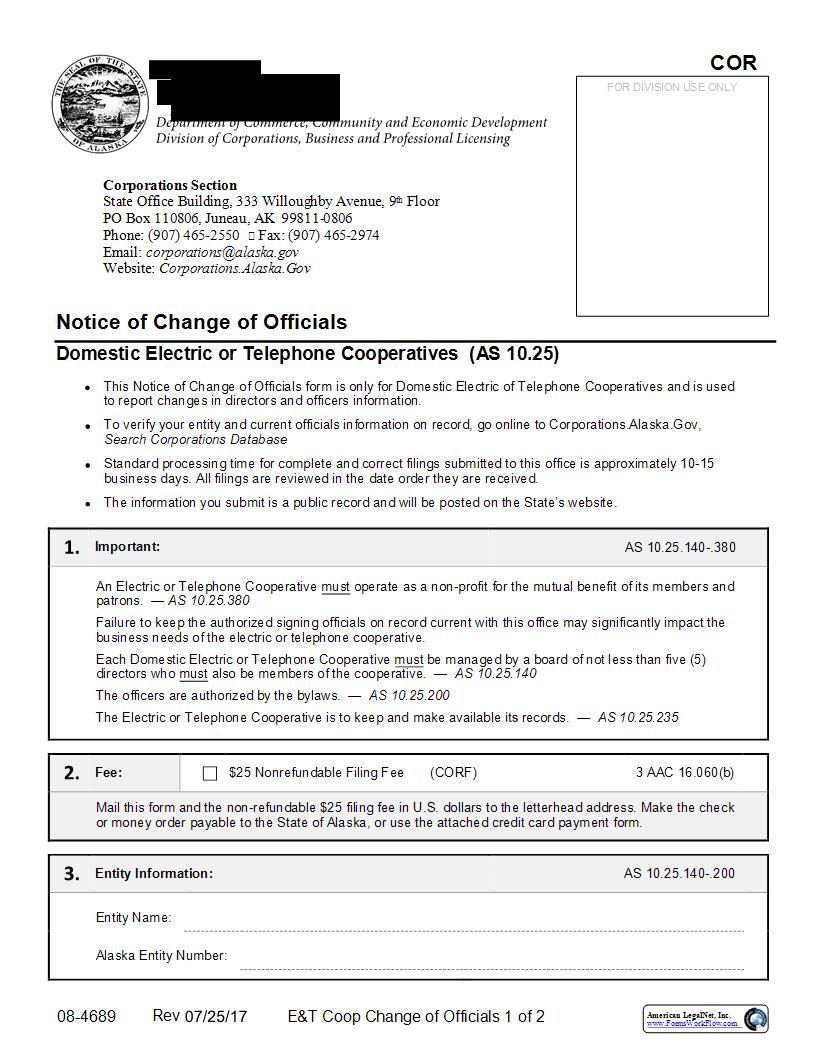 Notice Of Change Of Officials (Domestic Electric Or Telephone Cooperatives) {08-4689} | Pdf Fpdf Docx | Alaska