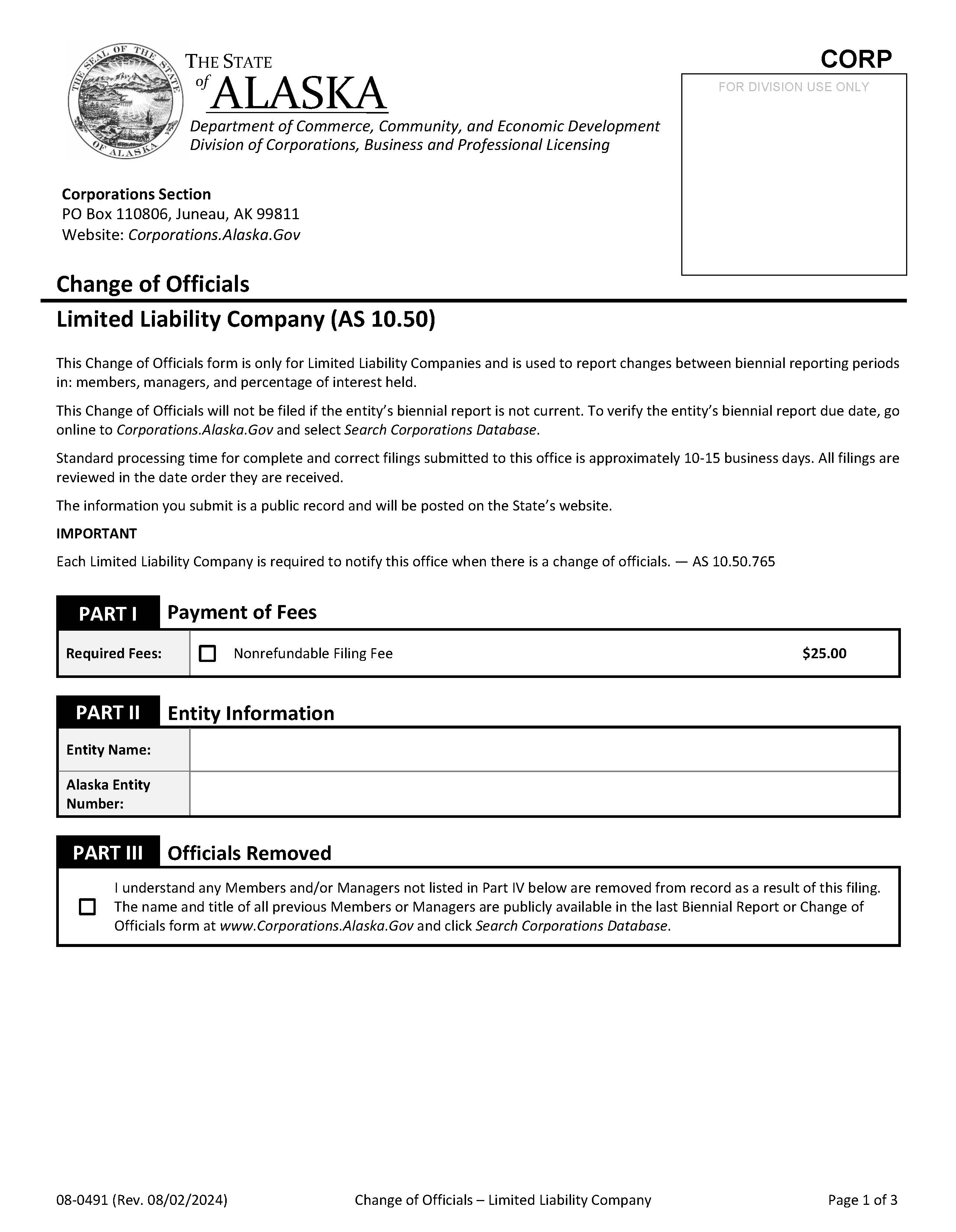 Notice Of Change Of Officials (Domestic Limited Liability Company) {08-491} | Pdf Fpdf Docx | Alaska