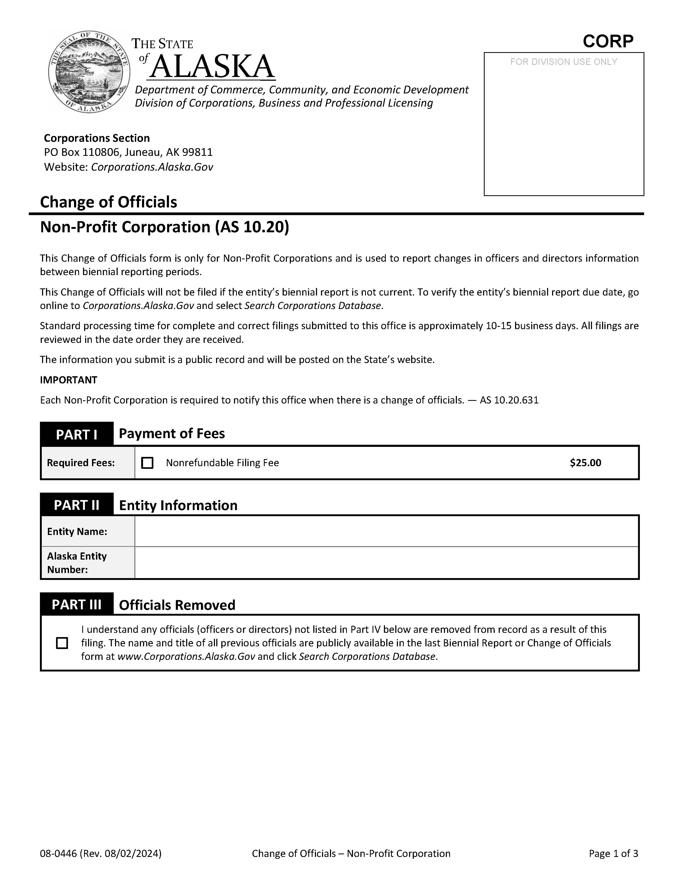 Notice Of Change Of Officials (Domestic Non-profit Corporation) {08-446} | Pdf Fpdf Docx | Alaska