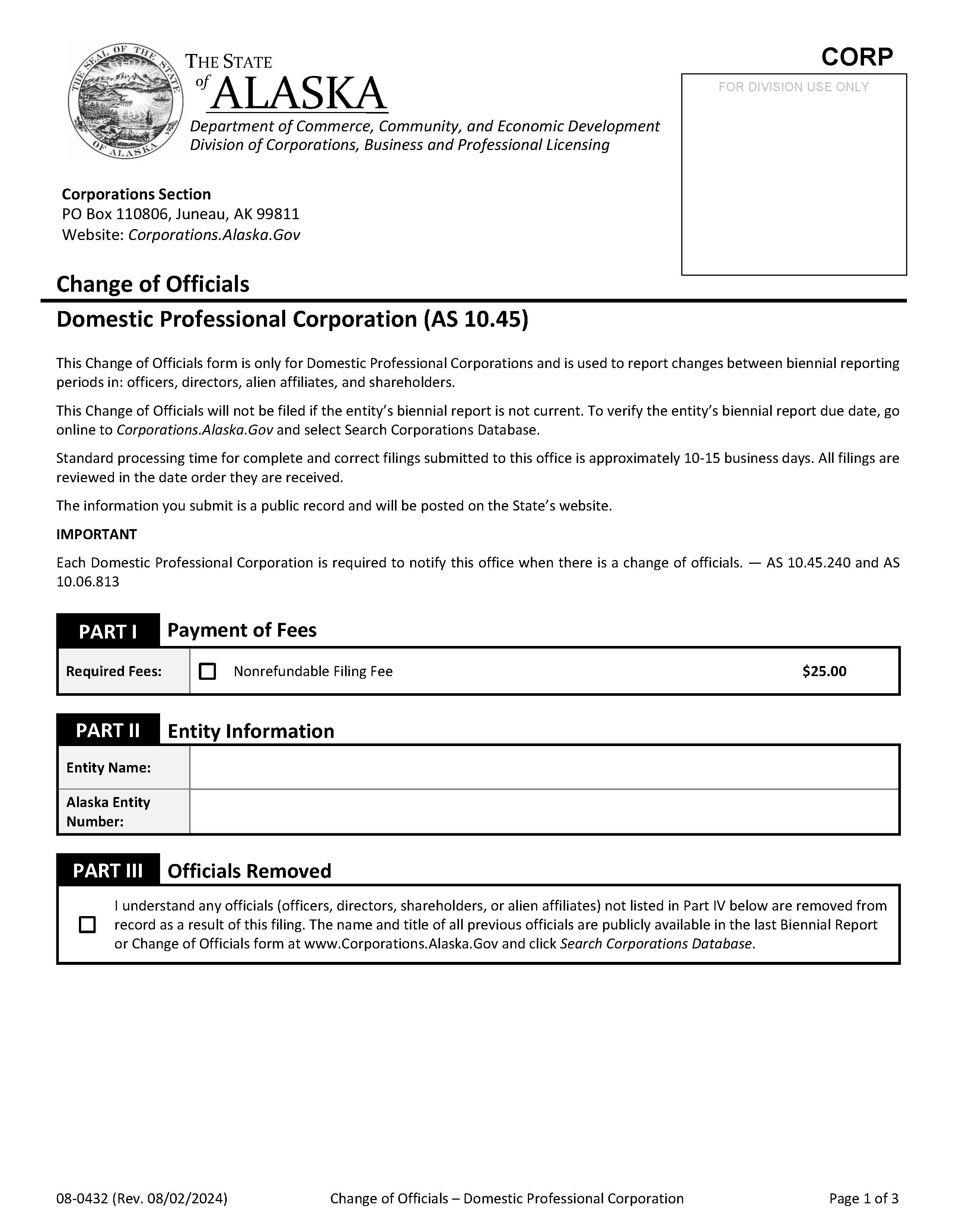 Notice Of Change Of Officials (Domestic Professional Corporation) {08-432} | Pdf Fpdf Docx | Alaska