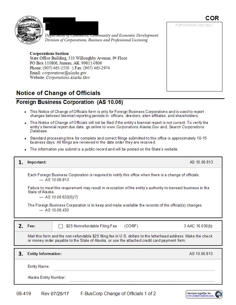 Notice Of Change Of Officials (Foreign Business Corporation) {08-419} | Pdf Fpdf Docx | Alaska