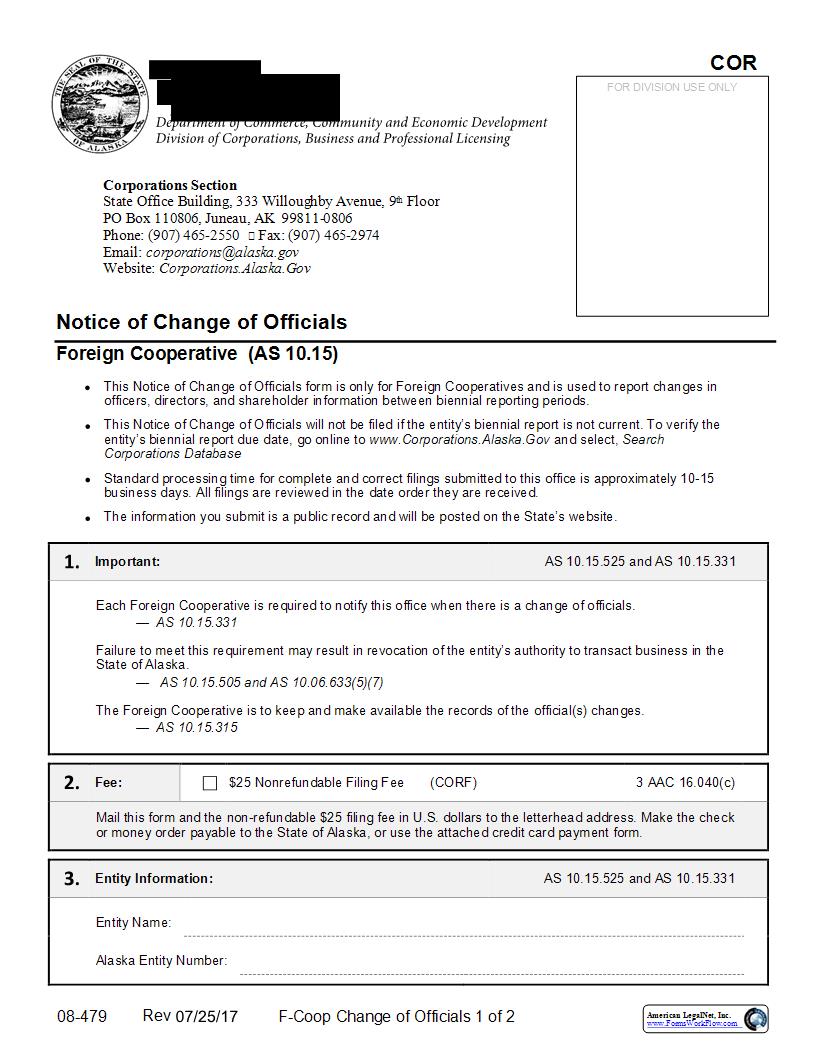 Notice Of Change Of Officials (Foreign Cooperative) {08-479} | Pdf Fpdf Docx | Alaska