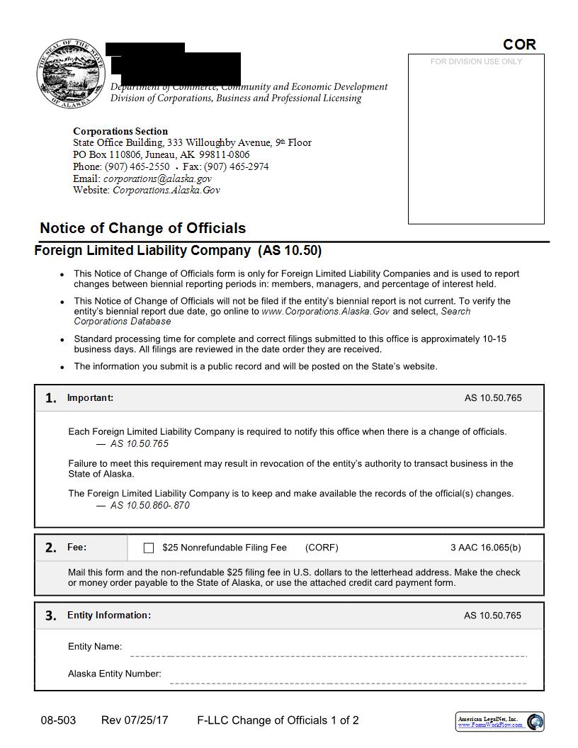 Notice Of Change Of Officials (Foreign LLC) {08-503} | Pdf Fpdf Docx | Alaska