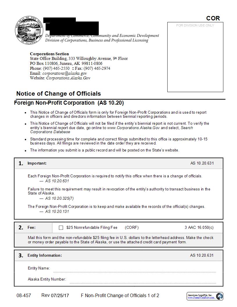 Notice Of Change Of Officials (Foreign Non Profit Corporation) {08-457} | Pdf Fpdf Docx | Alaska