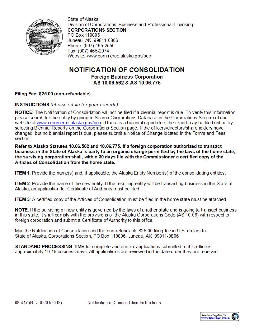 Notification Of Consolidation (Foreign Business Corporation) {08-417} | Pdf Fpdf Docx | Alaska