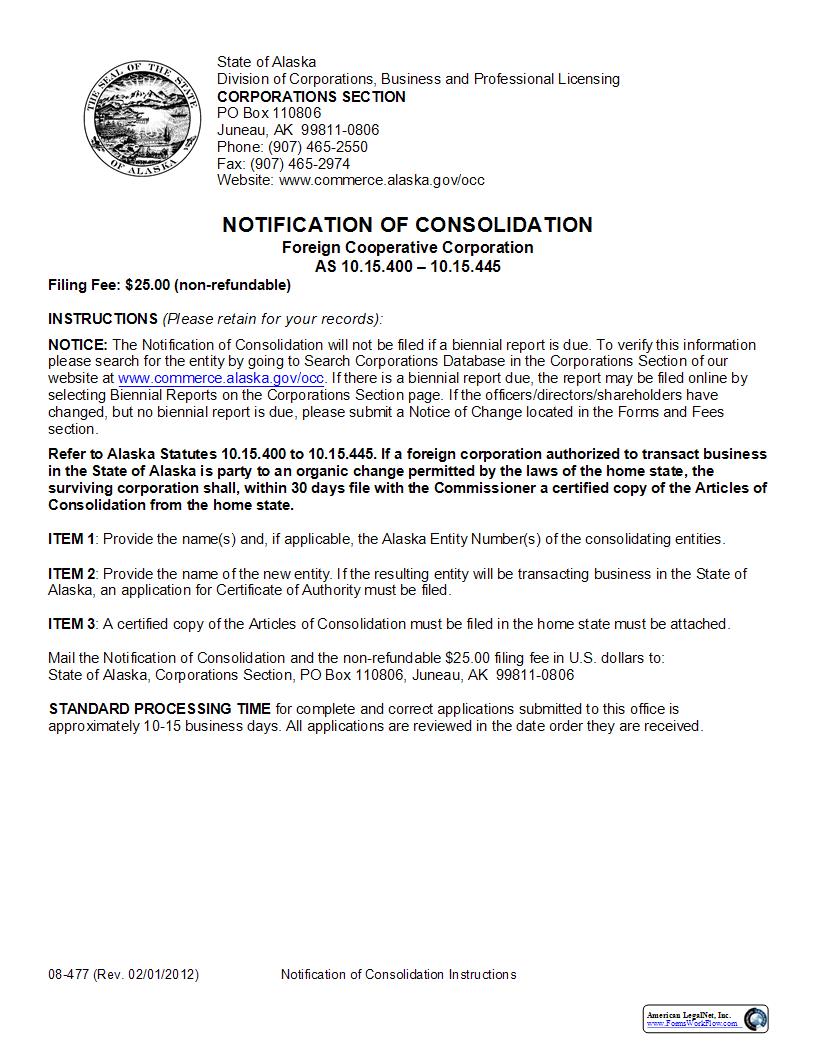 Notification Of Consolidation (Foreign Cooperative Corporation) {08-477} | Pdf Fpdf Docx | Alaska