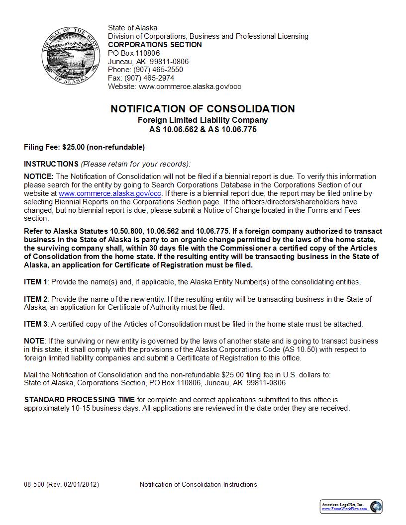 Notification Of Consolidation (Foreign LLC) {08-500} | Pdf Fpdf Docx | Alaska