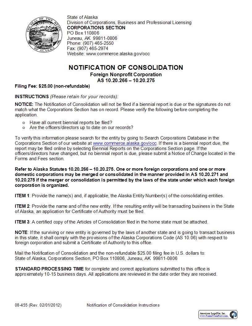 Notification Of Consolidation (Foreign Nonprofit Corporation) {08-455} | Pdf Fpdf Docx | Alaska