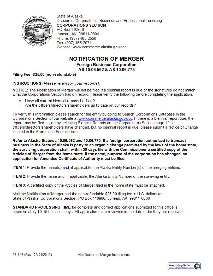Notification Of Merger (Foreign Business Corporation) {08-416} | Pdf Fpdf Docx | Alaska
