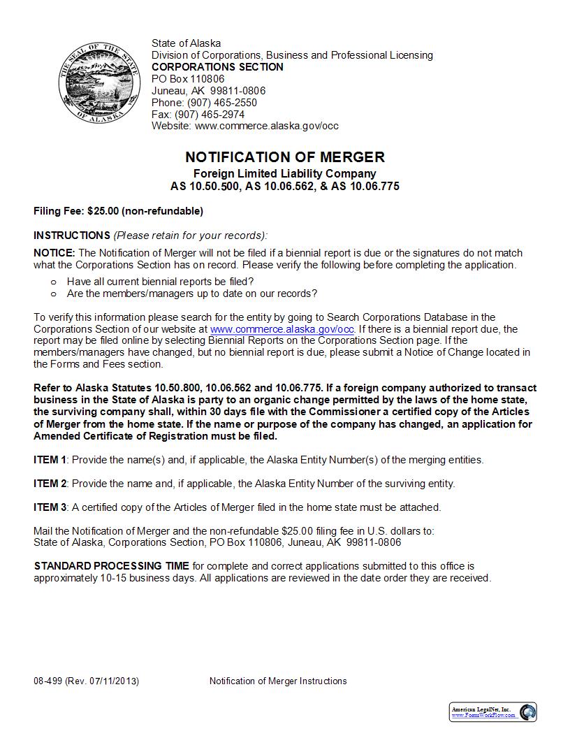 Notification Of Merger (Foreign Limited Liability Company) {08-499} | Pdf Fpdf Docx | Alaska