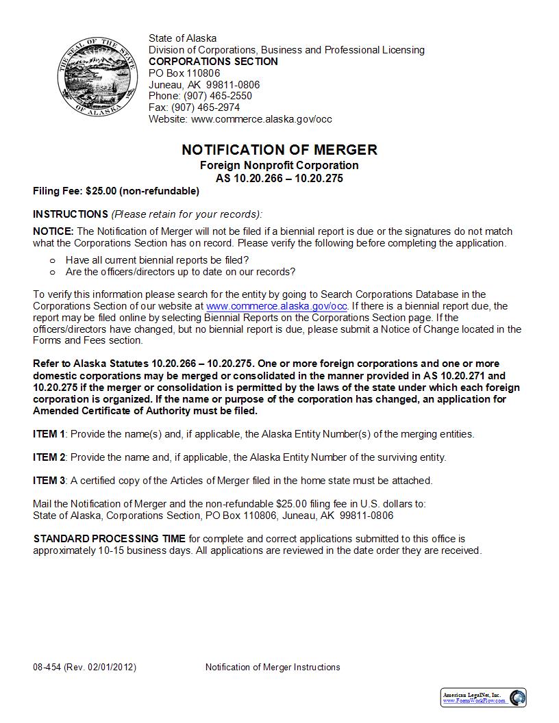 Notification Of Merger (Foreign Nonprofit Corporation) {08-454} | Pdf Fpdf Docx | Alaska