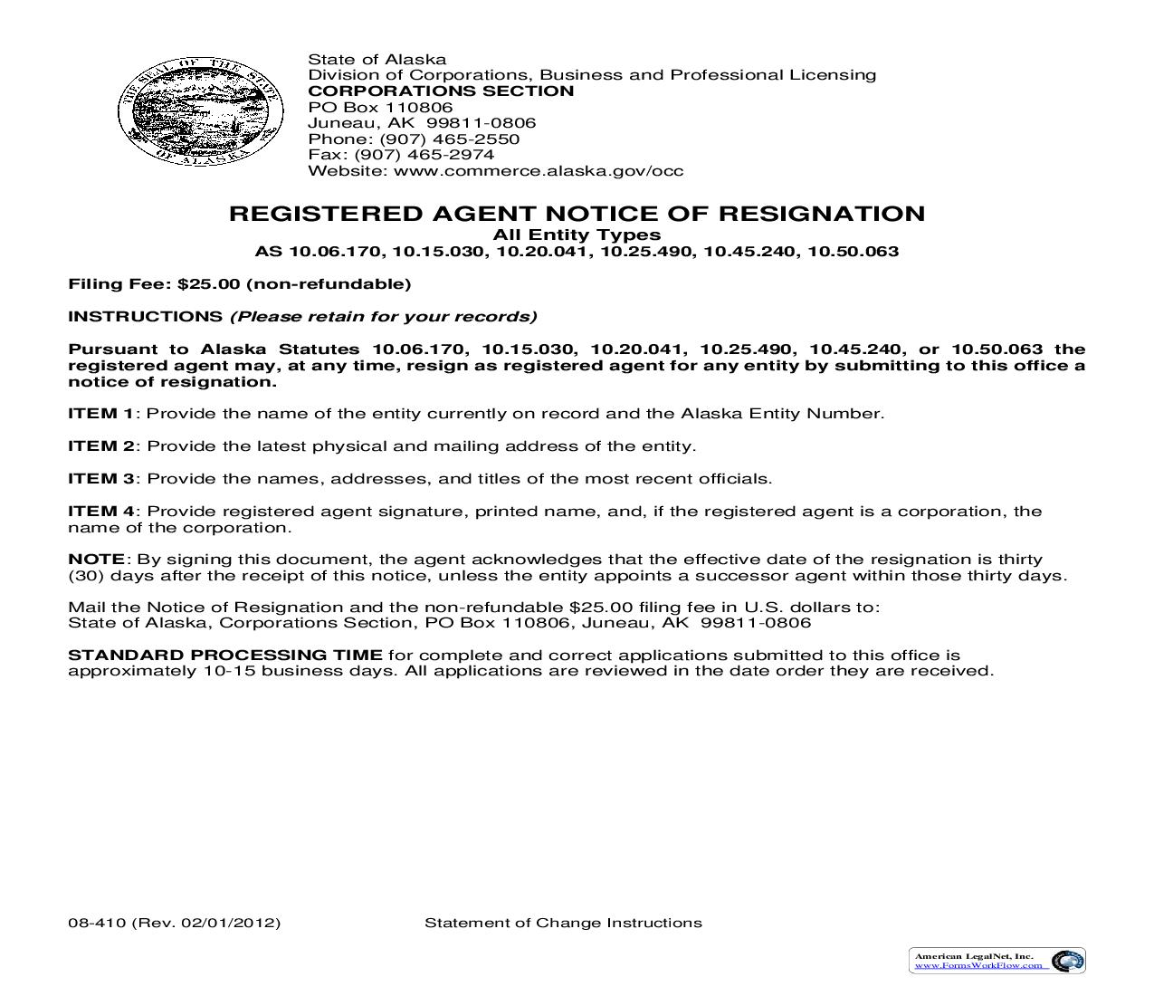 Registered Agent Notice Of Resignation {08-470} | Pdf Fpdf Doc Docx | Alaska
