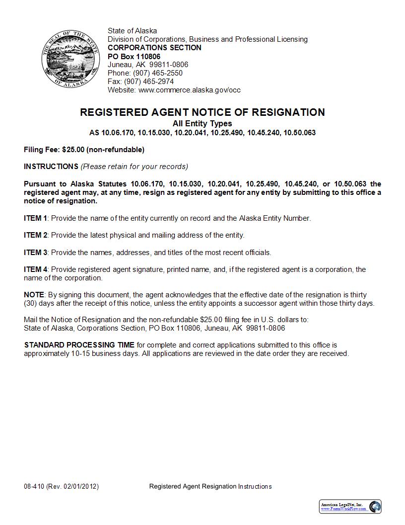 Registered Agent Notice Of Resignation (All Entity Types) {08-410} | Pdf Fpdf Docx | Alaska