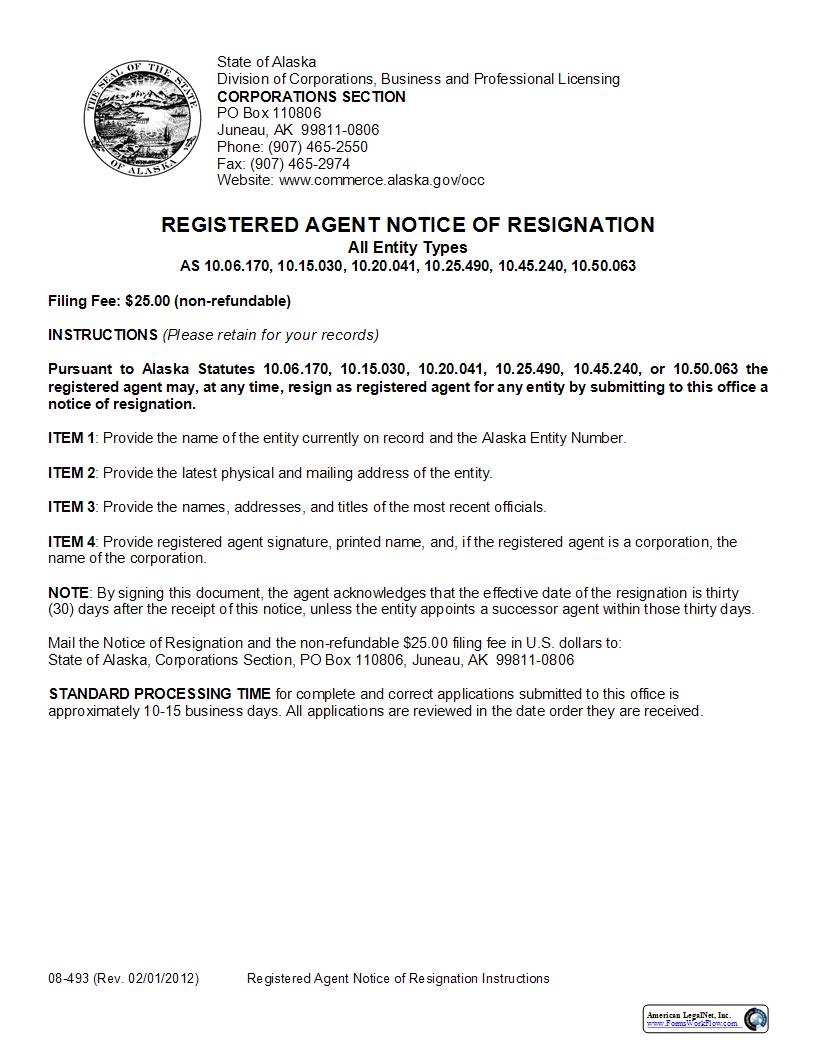 Registered Agent Notice Of Resignation (All Entity Types) {08-493} | Pdf Fpdf Docx | Alaska