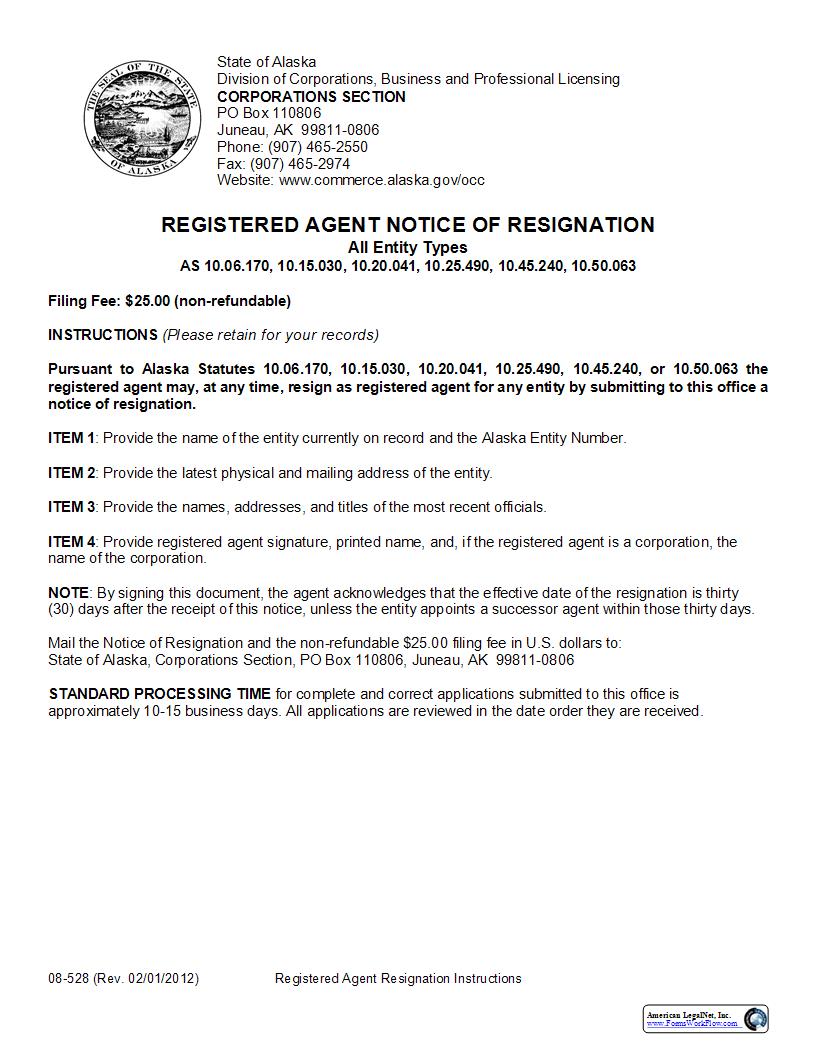 Registered Agent Notice Of Resignation (All Entity Types) {08-528} | Pdf Fpdf Docx | Alaska