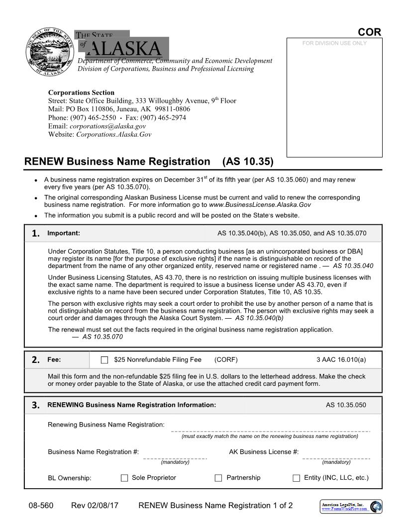 Renew Business Name Registration {08-560} | Pdf Fpdf Docx | Alaska