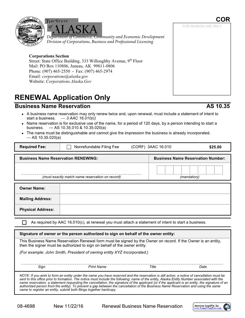 Renewal Business Name Reservation {08-4698} | Pdf Fpdf Docx | Alaska