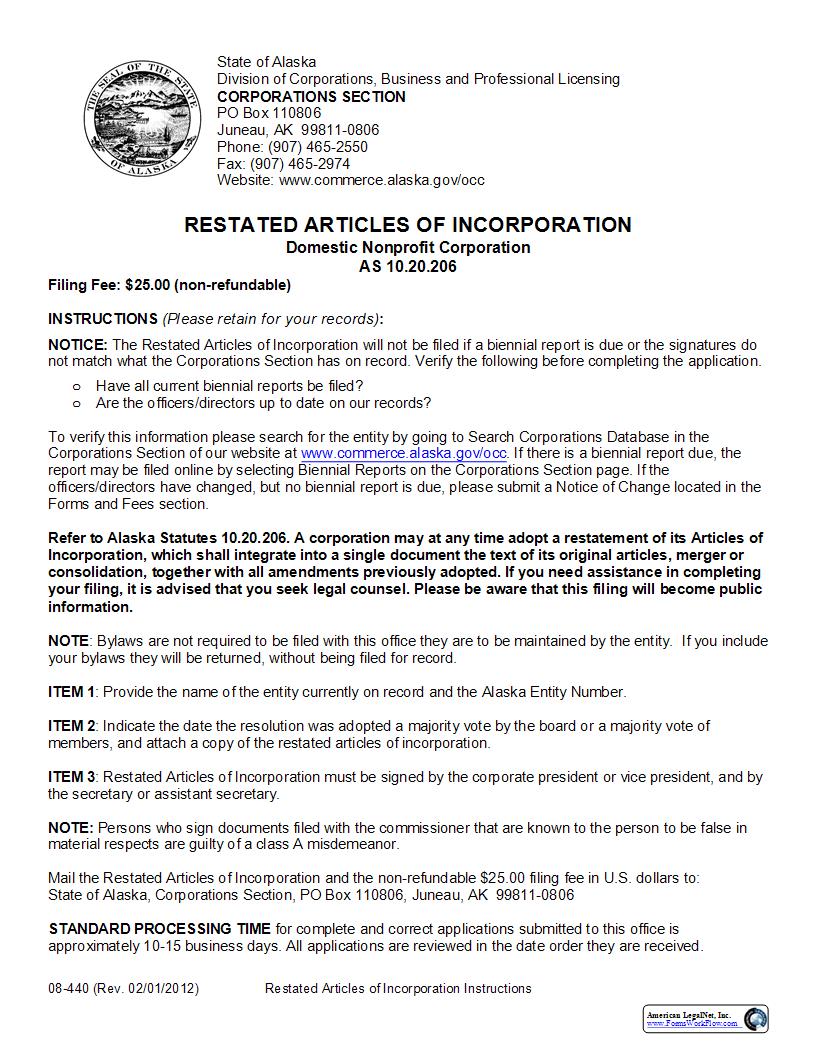 Restated Articles Of Incorporation (Domestic Nonprofit Corporation) {08-440} | Pdf Fpdf Docx | Alaska