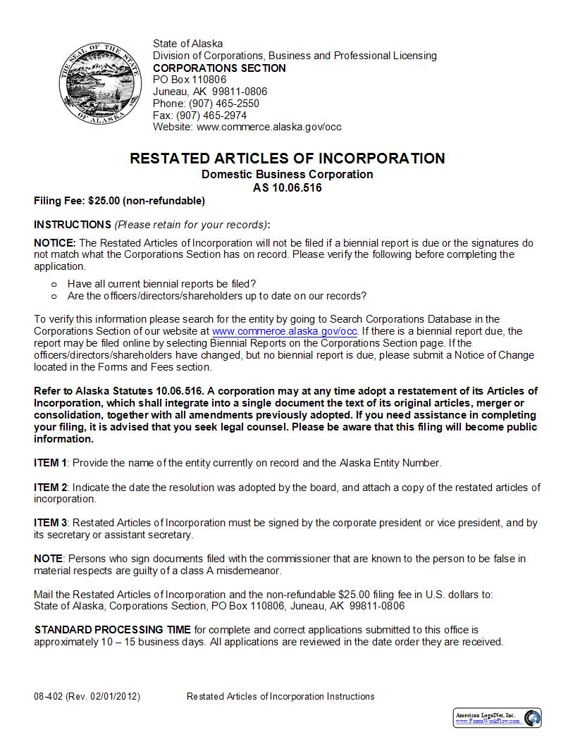 Restated Articles Of Incorporation Domestic Business Corporation {08-402} | Pdf Fpdf Docx | Alaska