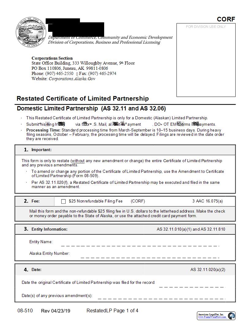 Restated Certificate Of Limited Partnership For Domestic LP {08-510} | Pdf Fpdf Docx | Alaska