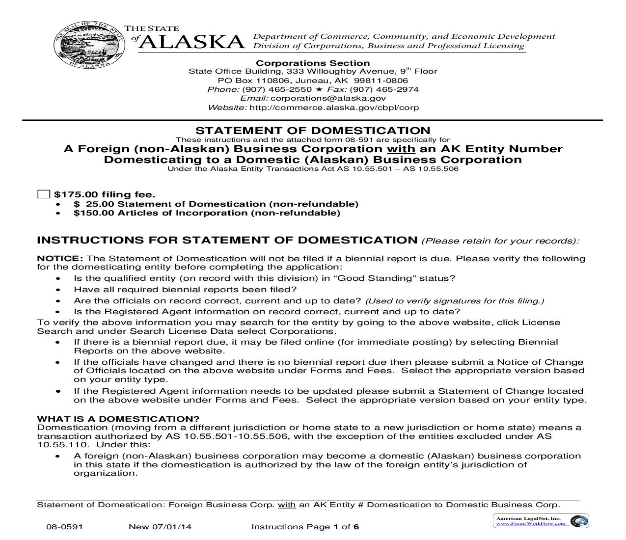 Staement Of Domestication (Foreign Corp With AK Entity No. Domesticating To Domestic Corp.) {08-0591} | Pdf Fpdf Doc Docx | Alaska