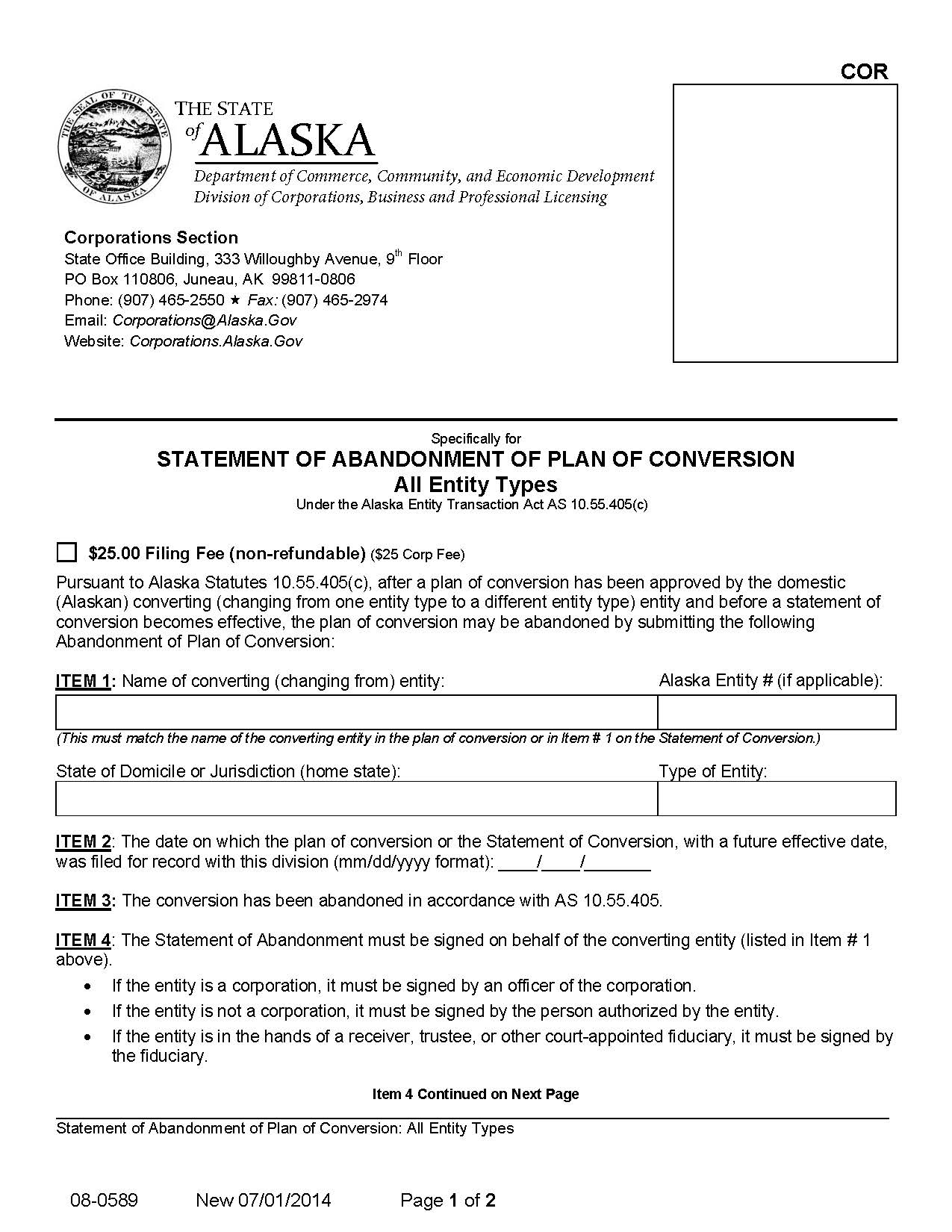 Statement Of Abandonment Of Plan Of Conversion {08-0589} | Pdf Fpdf Docx | Alaska