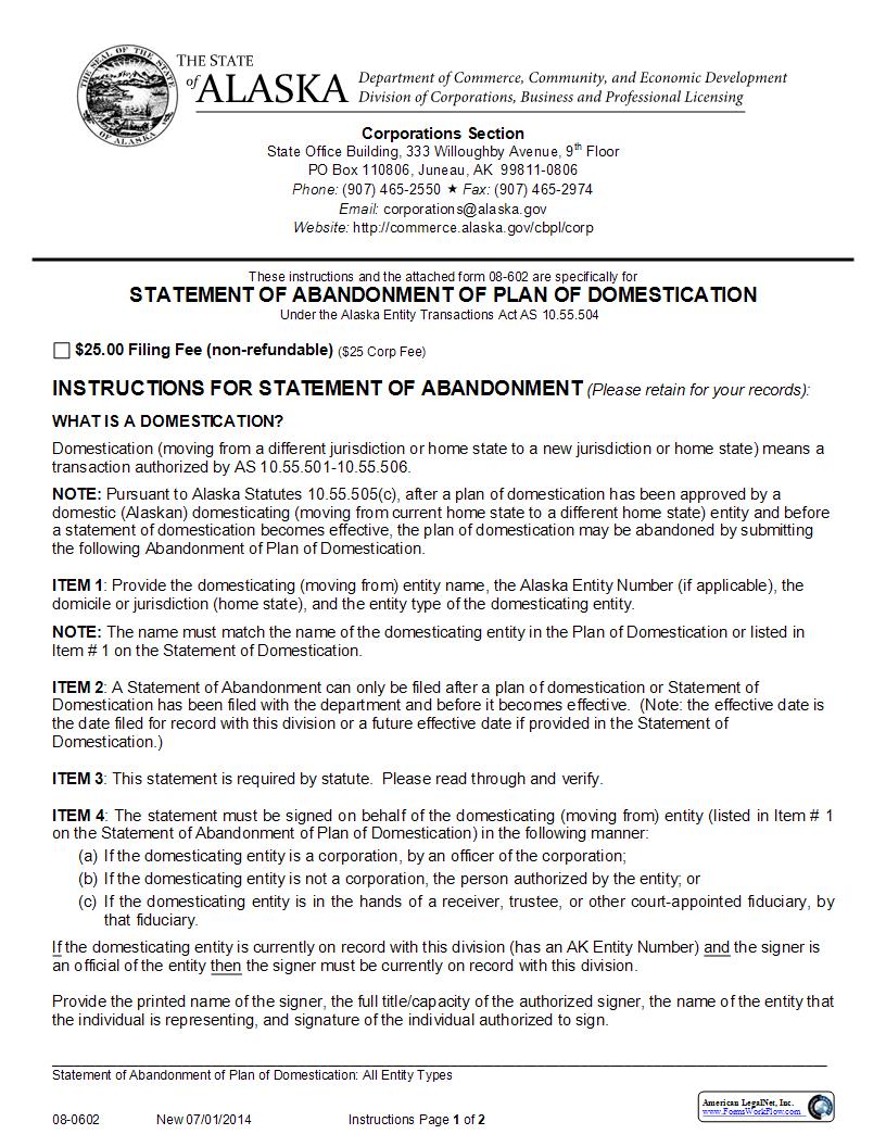 Statement Of Abandonment Of Plan Of Domestication {08-0602} | Pdf Fpdf Docx | Alaska