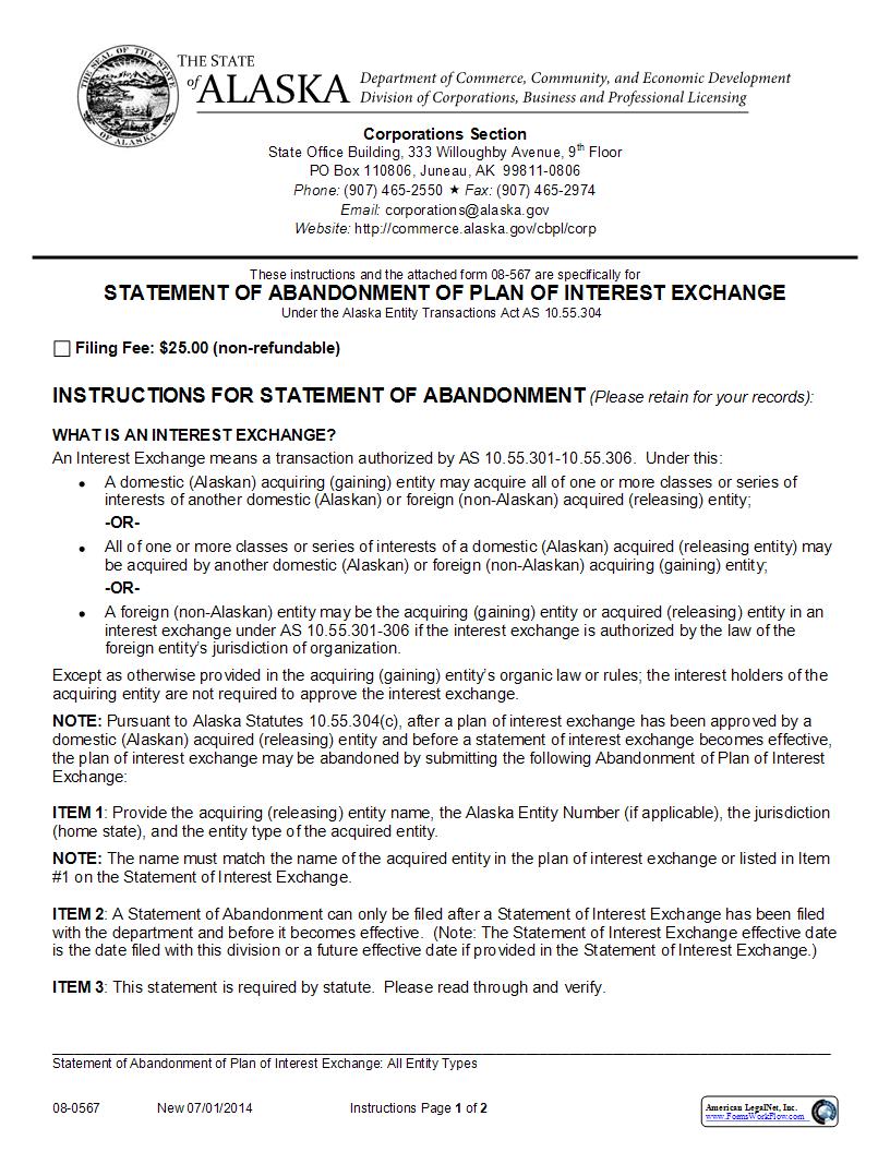 Statement Of Abandonment Of Plan Of Interest Exchange (All Entity Types) {08-0567} | Pdf Fpdf Docx | Alaska