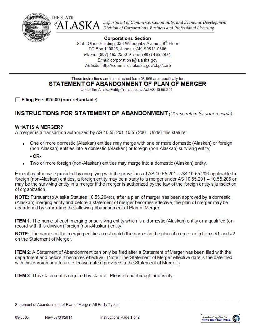 Statement Of Abandonment Of Plan Of Merger (All Entity Types) {08-0565} | Pdf Fpdf Docx | Alaska